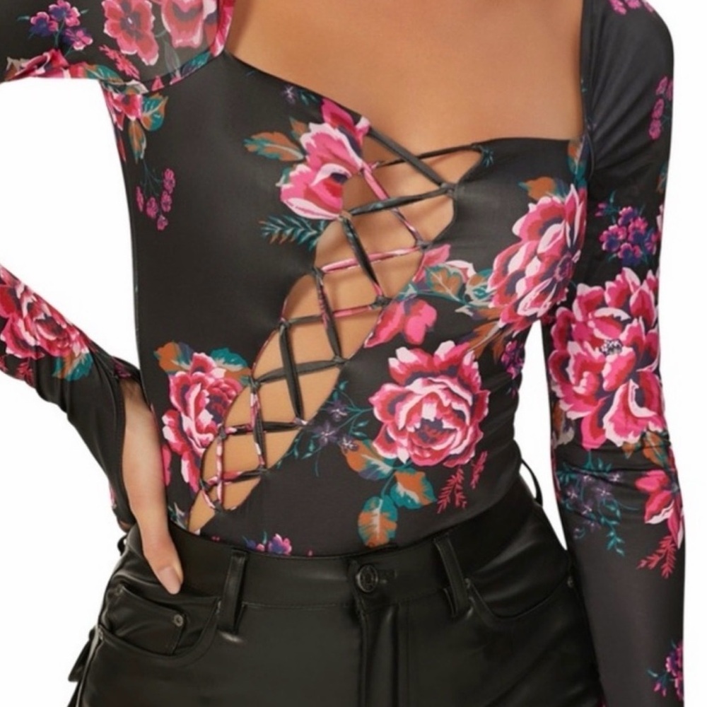 Floral Lace-Up Black Top